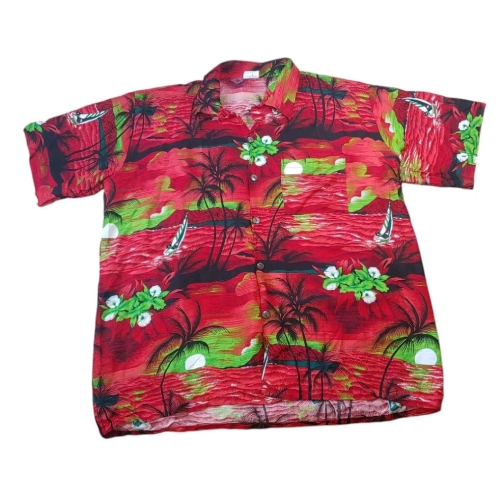 Vtg Hawaiian Shirt Large Red Sunset Sail Boat Palms Nautical Tropical